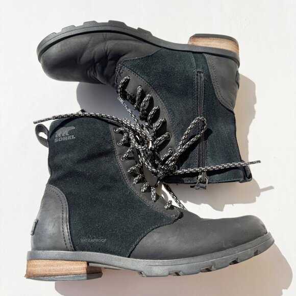 Sorel Emelie Black Combat Waterproof Ankle Boots - Picture 1 of 10